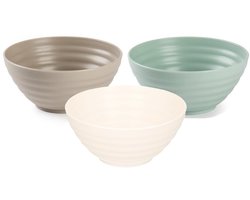 Plasticforte onbreekbaar servies kommetjes - schaaltjes - 12x stuks - groen/wit/taupe - kunststof - 14 x 6.5 cm - Camping - Keuken
