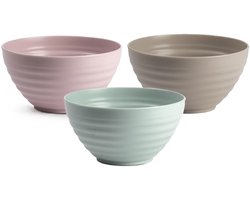 Plasticforte onbreekbaar servies kommetjes - schaaltjes - 9x stuks - groen/roze/beige - kunststof - 15 x 8 cm - Camping - Keuken