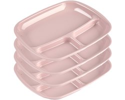 Plasticforte Onbreekbare Camping borden met 3 vaks verdeling - 4x - kunststof - roze - 21 x 24 cm - fondue - grillen - gourmet