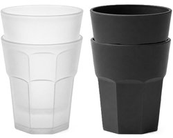 Plasticforte onbreekbare drinkglazen - 10x stuks - kunststof/plastic - mix van twee kleuren - zwart en transparant - 361 ml - 10 x 9 cm
