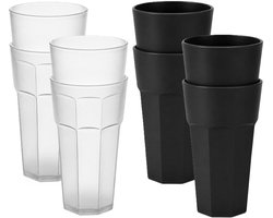 Plasticforte onbreekbare drinkglazen - 8x stuks - kunststof/plastic - zwart en transparant - 600 ml - 16 cm - stapelbaar