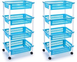 Plasticforte opberg trolley - roltafel - met 4 manden - blauw - set 2x stuks - 40 x 50 x 85 cm - Etagewagen - kar met opbergkratten - kunststof