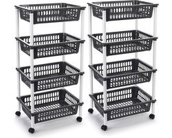 Plasticforte opberg trolley - roltafel - met 4 manden - donkergrijs - set 2x stuks - 40 x 50 x 85 cm - Etagewagen - kar met opbergkratten - kunststof
