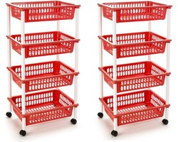 Plasticforte opberg trolley - roltafel - met 4 manden - rood - set 2x stuks - 40 x 50 x 85 cm - Etagewagen - kar met opbergkratten - kunststof