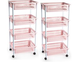 Plasticforte opberg trolley - roltafel - met 4 manden - roze - set 2x stuks - 40 x 50 x 85 cm - Etagewagen - kar met opbergkratten - kunststof