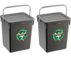 Plasticforte Opbergbox of keuken GFT afval bakje - 2x stuks - kunststof - met deksel - antraciet - 5 Liter - 20 x 17 x 23 cm
