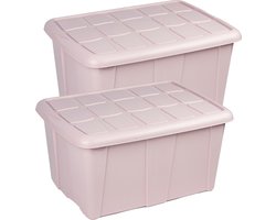 Plasticforte Opslagbox - 2x - met deksel - lichtroze - 60 liter - 63 x 46 x 32 cm - kunststof - opbergdoos - opbergen - kist