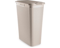 Plasticforte Smalle Wasmand met deksel Rotan - beige - gevlochten kunststof - 48 liter - 27x46x60 cm