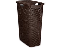 Plasticforte Smalle Wasmand met deksel Rotan - donkerbruin - gevlochten kunststof - 48 liter - 27x46x60 cm