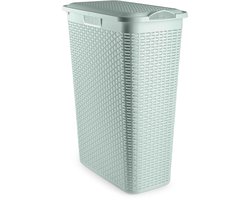 Plasticforte Smalle Wasmand met deksel Rotan - groen - gevlochten kunststof - 48 liter - 27 x 46 x 60 cm