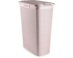Plasticforte Smalle Wasmand met deksel Rotan - roze - gevlochten kunststof - 48 liter - 27x46x60 cm