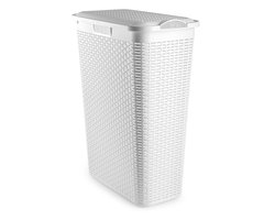 Plasticforte Smalle Wasmand met deksel Rotan - wit - gevlochten kunststof - 48 liter - 27 x 46 x 60 cm