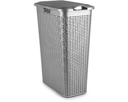 Plasticforte Smalle Wasmand met deksel Rotan - zilvergrijs - gevlochten kunststof - 48 liter - 27x46x60 cm