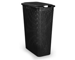 Plasticforte Smalle Wasmand met deksel Rotan - zwart - gevlochten kunststof - 48 liter - 27x46x60 cm