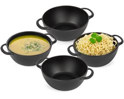 Plasticforte Soepkommen met hengsels - 4x - Campinglife - kunststof - D11 x H5 cm - 370 ml - zwart - stapelbaar - onbreekbaar