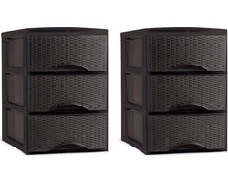 Plasticforte thuis kantoor organizer ladeblok - 2x - 3 lades - 26 x 37 x 37 cm - donkerbruin