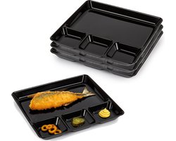 PlasticForte Vakjesborden - 6x stuks - zwart - gourmetbord - 4-vaks - kunststof - 26 x 24 cm - fonduebord