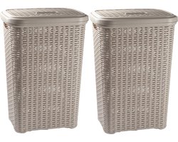 Plasticforte Wasmand met deksel - 2x stuks - 60 liter - taupe - rotan - kunststof - L35 x B43 x H62 cm
