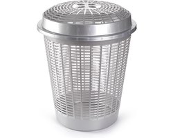 Plasticforte Wasmand met deksel - 50 liter - zilver - rond - D45 x H57 cm - opbergmand