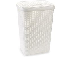 Plasticforte Wasmand met deksel - 60 liter - wit - rotan - kunststof - L35 x B43 x H62 cm