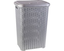Plasticforte Wasmand met deksel - 60 liter - zilvergrijs - rotan - kunststof - L35 x B43 x H62 cm