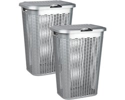 Plasticforte Wasmand Ventilation - 2x - met deksel - zilver - kunststof - 51 liter - 43 x 35 x 61 cm - Badkamer - Wasgoed - Nieuw design - Zeer stevig