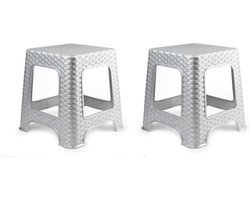 Plasticforte zit krukje - 2x - Rotan line - zilvergrijs - kunststof - 32 x 32 x 30 cm - kinder krukjes