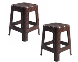 Plasticforte Zit krukjes - 2x - bruin - rotan kunststof - 37 x 37 x 46 cm - extra zitplaatsen
