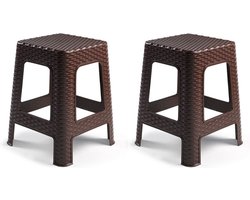 Plasticforte zit/bijzet krukje - 2x - Rotan line - donkerbruin - kunststof - 28 x 28 x 45 cm - opstapje