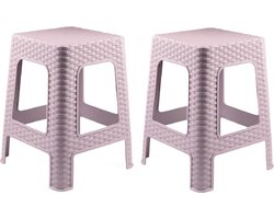 Plasticforte zit/bijzet krukje - 2x - Rotan line - roze - kunststof - 28 x 28 x 45 cm - opstapje