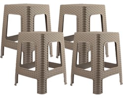 Plasticforte zit/bijzet krukje - 4x - Rotan line - taupe - kunststof - 36 x 36 x 45 cm - opstapje