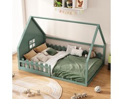 Plat bed, 140*200 cm, kinderbed, sierlijst huis, leuning, dennenhout, groen