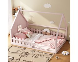 Plat bed, 140*200 cm, kinderbed, sierlijst huis, leuning, dennenhout, roze