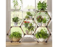 Platenrek Zeshoekige plantenstandaard - binnen buiten - hout creatief - doe-het-zelf - plantenrek bloemenrek - ramen hoek - woonkamer balkon tuin kantoor - 7 verdiepingen 141 x 25 x 97 cm Platenrek
