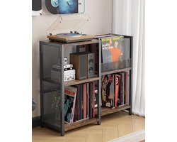 Platenspeler Meubel met Vinyl Opbergruimte – Platenkast voor 200+ LP’s – 3-Laags Opbergrek van Hout en Metaal – Zwart