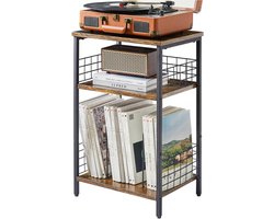 Platenspeler Meubel – Stand Platenspelerstandaard Met Vinyl Opbergvakken - Rustieke Platenopbergkasthouder - Draaitafelstandaard – 3 Laags Bijzettafel - 40 × 29 × 62,5 cm