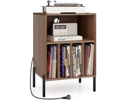 Platenspeler Stand met Laadstation - Platenspeler Meubel - Vinyl Opbergsysteem voor 150 LP's - Houten Platenkast met 5 Open Vakken - LP Record Holder - Tafel voor Draaitafel & Printer - Audio Bijzettafel Woonkamer & Kantoor - Walnoot