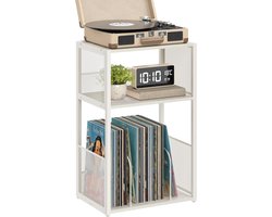Platenspeler standaard - 3 etages - Bijzettafel - Opslag voor grammofoonplaten - Tot 100 albums - Tafel voor woonkamer en slaapkamer - Vintage wit