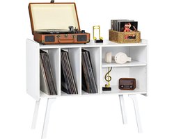 Platenspeler standaard met 4 kasten voor maximaal 220 albums, grote platenspeler standaard met massief houten poten, middcenury platenspeler tafel, witte vinylhouder opbergrek voor