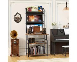 Platenspelerkast – Platenspeler Meubel – LP Kast – Vinyl Kast – Platenhouder – Zeslaagse Opbergrek – Hout en Metaal – Ruimte Voor 100 Platen