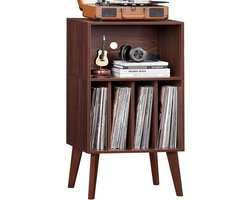 Platenspelerstandaard, platenspeler-standaard biedt plaats aan maximaal 160 albums, Mid-Century vinyl opberghouder, tafel met houten poten, walnoot