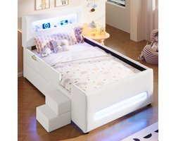 Platformbed 90x200 - Gestoffeerd Bed met Opberglade, LED-Verlichting, USB-Poort en Opbergtas - Wit - Zacht PU Design met App-Besturing