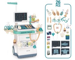 Playos® - Dokterstrolley - 26 delig - Turquoise - met Licht en Geluid - Inclusief Accessoires - Dokters Trolley - Dokter Speelgoed - Jongens en Meisjes - Rollenspel Speelgoed - Sinterklaas