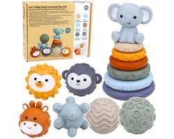 Playos® - Sensorische Speelset - Stapelringen - Olifant - Sensorische Ballen - Bouwblokken - Zintuigelijk Speelgoed - Motorisch - Baby - Stapelen
