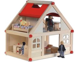 Playwood Houten Poppenhuis - Klein model met meubels en 4 buigpoppen