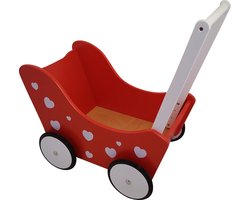 Playwood - Houten Poppenwagen rood met witte hartjes