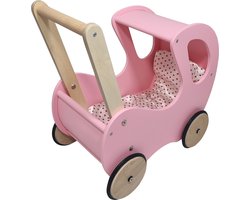 Playwood - Houten Poppenwagen roze klassiek met kap - inclusief dekje wit met roze hartjes