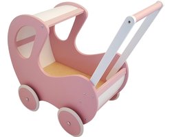 Playwood - Houten Poppenwagen roze / wit klassiek met kap