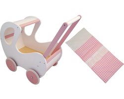 Playwood - Houten Poppenwagen wit / roze klassiek met kap - inclusief dekje roze ruitjes