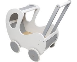 Playwood - Houten Poppenwagen wit / zilver klassiek met kap